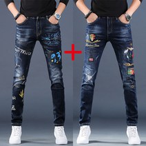 1+1 봄여름 자수 데님 팬츠 남 데미지 패치 스판 프린트 팬츠