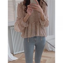 플라워 패턴 꽃 블라우스 에일리언 키티 핑크 쉬폰 플로럴 플리츠 슬림 프린트 여성
