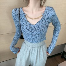 짧은 상의 여성 디자인 가을겨울 호피 크롭 티셔츠 긴팔 이너써클