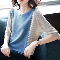 여름 아이스 니트 여성 7부 소매 상의 중소매 여름 얇은 블라우스 빅사이즈 80키로까지
