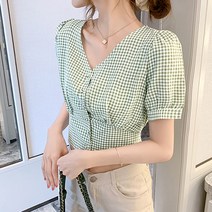 라라벨 여성용 체크 블라우스 하엔 반팔 셔츠 체크블라우스