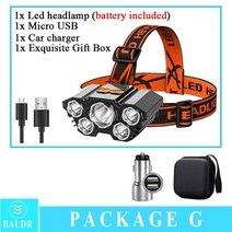 baldr usb 충전식 헤드램프 휴대용 5led 헤드라이트 내장 배터리 토치 휴대용 작업등 낚시 캠핑 헤드 라이트, 헤드램프 g, 우리를