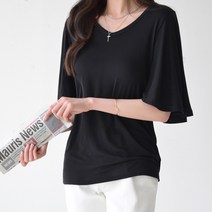 데일리앤 지니아 팔뚝커버 5부 프릴소매 브이넥 반팔티셔츠
