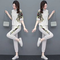 여성 트레이닝복 세트 패션 여름 여성 캐주얼 반팔 티셔츠 긴바지 상하의 세트 날씬해 보이는 연령 감소 투피스 20대 30대 40대 M~4XL