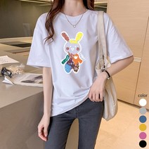 스타일아유 오버핏 면100% 귀여운 오버핏토끼 반팔티 여성용 빅사이즈 박시 순면라운드 반팔티셔츠 반팔 티셔츠 [AYG6TS335A]