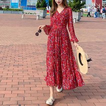 새로이 5CBKOMPB 여성 꽃무늬 원피스 긴팔 캐주얼 빅사이즈 가을