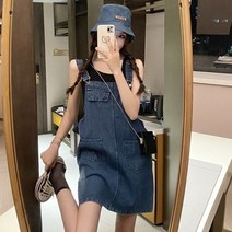 퐁순싸롱 청 데님 민소매 나시 레이어드 멜빵 미니 원피스 SY