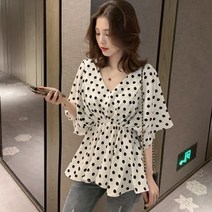 온스타일러 러팅 밴딩 도트 쉬폰블라우스