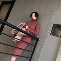 가을과 겨울 신작 여성용 긴팔 니트 원피스 하이넥 미드길이 오버니 슬림핏 스웨터