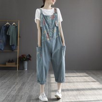 여자 빅사이즈 꽃무늬 멜빵 청바지 와이드 똥싼바지 7부 점프수트