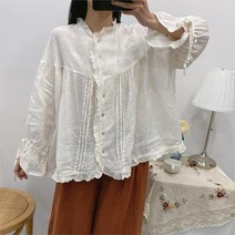 수소수생성기 알칼리Johnature-여성 프릴 리넨 레이스업 셔츠 봄 여름 빈티지 모리 루즈 슬릿 블라우스, 03 Creamy-white_01 싱글 사이즈