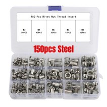 볼트 너트 리벳 너트 150pcs 건 맨드릴 키트 m3m4m5m6m8 또는 너트 리벳 맨드릴 수리 도구 리벳건 납작머리 나사 팝 너트 리벳 건 세트, 150pcs 스틸