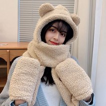 달자샵 1+1 따뜻한 곰돌이 털 후드모자 목도리 장갑 일체형 세트