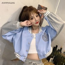 JUSTFEELING 간절기 긴팔 단추 자수 야구복 자켓 와이드핏 배색 여성용 질좋은 크롭 점퍼 데일리