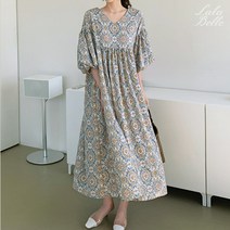 라라벨 여성용 원피스 로체 브이넥 포인트 패턴 퍼프 롱 원피스