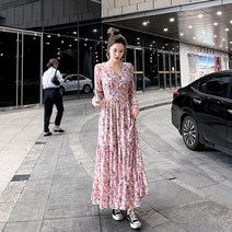 쉬폰 허리 스트링 롱원피스 긴팔 원피스 여 봄 플라워 기질 여리여리