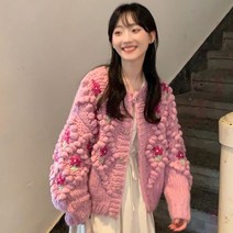 핑크색 뜨개 가디건 빈티지 스웨터 꽃 니트 플라워 복고