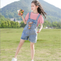 여아 라운드넥 반팔티 데님 멜빵반바지 세트