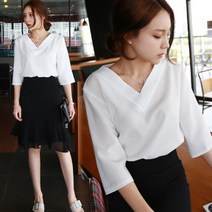 마롱패션 여자 브이넥 여신 오피스룩 심플 블라우스