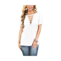 해외쇼핑/FAVALIVE Womens Short Sleeve Criss Cross V-Neck T-Shirt Tops Blouses ogehen