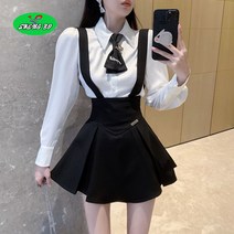 SHENGBO학원풍 매시룩 슈트 여 초가을 긴팔 넥타이 셔츠+등판 나비 매시 멜빵 작은 블랙 스커트+QDR124