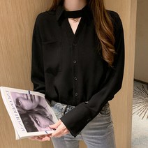 에끌 여자 블라우스 쉬폰 블라우스빈티지한 느낌의 블라우스 여 가을 쉬폰 블랙 셔츠 V-11834