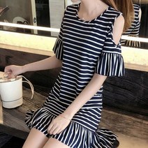 탑트레일/스트라이프 어꺠트임 반팔 루즈핏 여름 여성 여성원피스