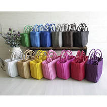 알록달록 컬러풀 피크닉바구니 라탄바구니 빨대바구니 피크닉가방 정리바구니 스트롱 빨대가방 라탄백 왕골백 과일바구니 예쁜바구니 나들이바구니 나들이가방 가벼운가방, 옐로우, 중