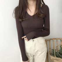 감성갤러리 여성 슬림라인 골지 브이넥 긴팔 티셔츠