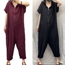 [100kg까지] 점프슈트 여성 여름 편한 후드 오버핏 무지 집업 반팔 루즈핏 날씬해보이는 빅사이즈 하이웨이스트 얇은 진청 빈티지 캐주얼 패션 데일리 운동복 카고 바지
