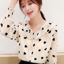 퐁순싸롱 화이트 브이넥 하트 도트 캐주얼 쉬폰 블라우스 SH