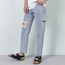 진스베이직 남자 연청 밑단 커팅 루즈 테이퍼드 무파진
