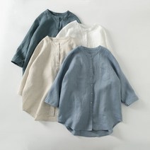 DAPANDA 순 리넨 셔츠 스탠딩 칼라 칠부 소매 화이트 셔츠 루즈핏 빅 사이즈 선레이저 일계 면마 여성복 봄여름 016