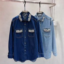 연청데님셔츠 디자인 상패 큐빅상감 여성의류 2022 년 봄계절 와이드 루즈핏 슬림핏 싱글 버튼 와이셔츠 4707071487