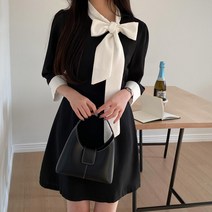 여자 리본넥 타이 배색 긴팔 하객 플레어 미니원피스
