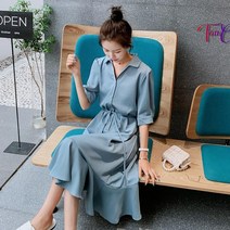 TANC탕크 SY252 여성용 브이넥 쉬폰 프릴 롱 원피스