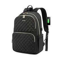 LOVEVOOK 여성용 노트북 백팩 도난 방지 지퍼가 있는 누비이팅된 가방 여행용 배낭 지갑 세련된 15.6인치 업무용 컴퓨터 USB 충전 포트가 대학 학교 책가방 블랙