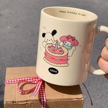 커플용 큐티 포차코 머그컵+컵뚜껑+숟가락 3종 세트 강아지 캐릭터 도안 오벌 320ml 대용량 물컵 내열 홈카페 우유컵 조식잔 집들이 개업 돌잔치 선물, 케이크 포차코