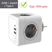 멀티탭4AC 콘센트 + 2 USB 충전 포트 1 타입 C 5V 3.1A 어댑터 파워큐브 소켓 on/Off 스위치 홈, [01] Eu 플러그, [04] E02c-gray-USB-type-C