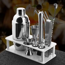 바텐더 셰이커 키트 세트 스테인레스 랙 믹서 칵테일, 550ml사각타원형대나무우드스탠드—10개세트