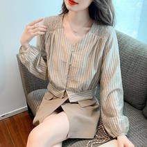 프렌치 스트라이프 브이넥 긴팔 셔츠 여 봄 디자인 소소한 슬림핏 포트 스타일 상의 블라우스