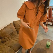 포린박스 둥근 카라 반팔 코튼 면 루즈핏 셔츠 미디 원피스 SY
