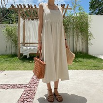 화이트폭스 린넨스퀘어넥슬리브리스롱원피스