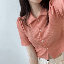 엠보 스판 퍼프 소매 여름 여자 크롭반팔셔츠-5color