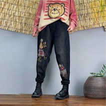 기모 안감 꽃 소녀 스판 배기 청바지 중년여성 40 50대 엄마옷 빅사이즈 밴딩 엄마바지