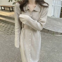 여성 여리핏 카라 롱 니트원피스 허리 스트링 네츄럴한 데일리 베이직 아이템 셔츠형 원피스