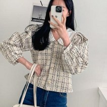 바보사랑 여자 트위드 퍼프 긴팔 진주단추 블라우스.옷자락(무료배송)