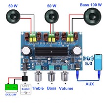 2*50W + 100W 블루투스 5.0 듀얼 TPA3116D2 파워 서브 우퍼 앰프 보드 2.1 채널 TPA3116 오디오 스테레오 이퀄라이저 AUX Amp|Amplifier|, 1개, 은