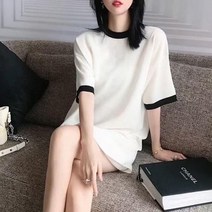 브이와이 여자 반소매 U넥 화이트 니트원피스 원피스