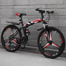 shike 산악자전거 24/26인치 접이식 MTB 자전거 남녀공용, 21속 24인치, 삼도륜-블랙레드
